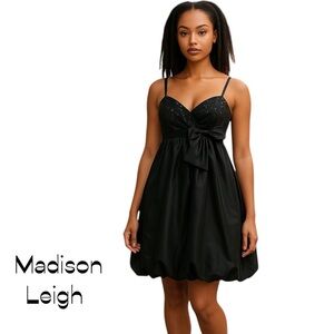 Madison Leigh Black Sequined Balloon Hem Dress NWOT Size 10